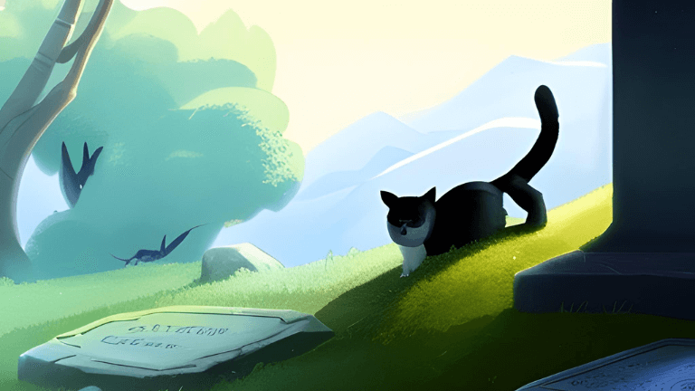 スピリチュアルな雰囲気の猫とお墓イラスト