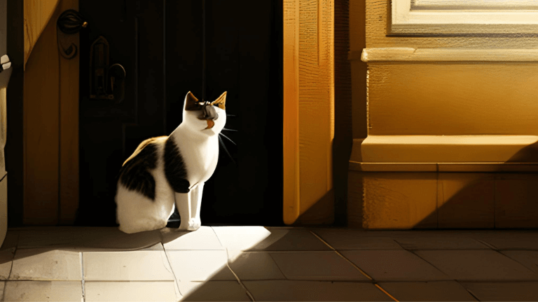 スピリチュアルな雰囲気の猫と玄関イラスト