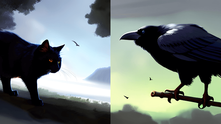 スピリチュアルな雰囲気の猫とカラスイラスト